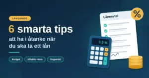 Illustration med texten ”6 smarta tips att ha i åtanke när du ska ta ett lån” bredvid ett låneavtal med bockade punkter, en miniräknare som visar 5,9 %, en stapel mynt och en procentsymbol mot mörkblå bakgrund.
