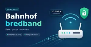 Illustration av en vit router med wifi-signaler och lysande fiberkablar, en grön sköld med hänglås och texten "Bahnhof bredband – Fiber, priser och villkor" mot en mörkblå bakgrund.