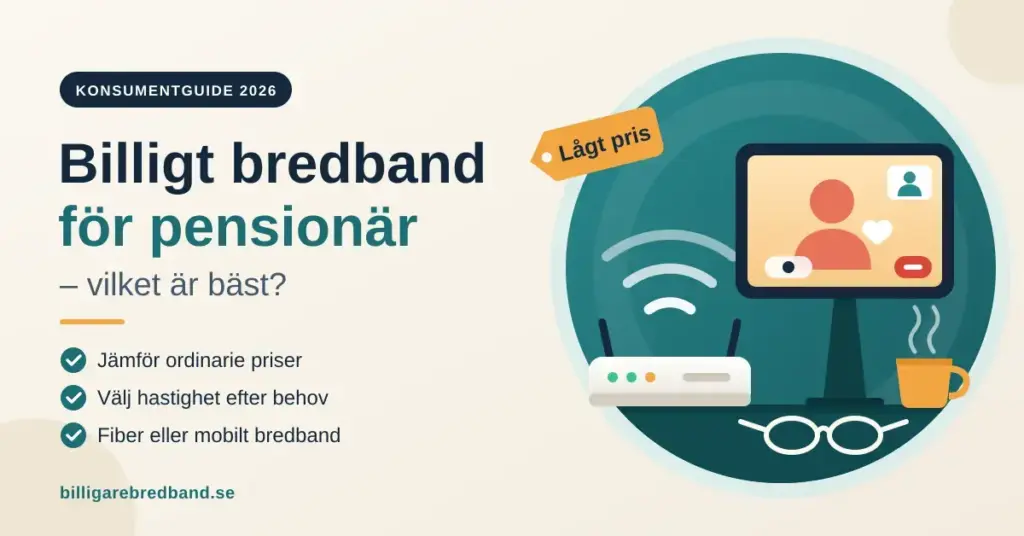 Illustration med en router med wifi-signaler, en surfplatta med ett pågående videosamtal, en kaffekopp och läsglasögon bredvid rubriken "Billigt bredband för pensionär – vilket är bäst?"