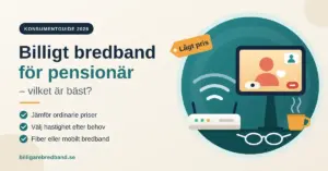 Illustration med en router med wifi-signaler, en surfplatta med ett pågående videosamtal, en kaffekopp och läsglasögon bredvid rubriken "Billigt bredband för pensionär – vilket är bäst?"