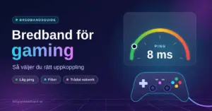 Illustration i neonfärger med rubriken ”Bredband för gaming” och texten ”Så väljer du rätt uppkoppling”, bredvid en pingmätare som visar 8 ms och en spelkontroll med nätverkskabel.