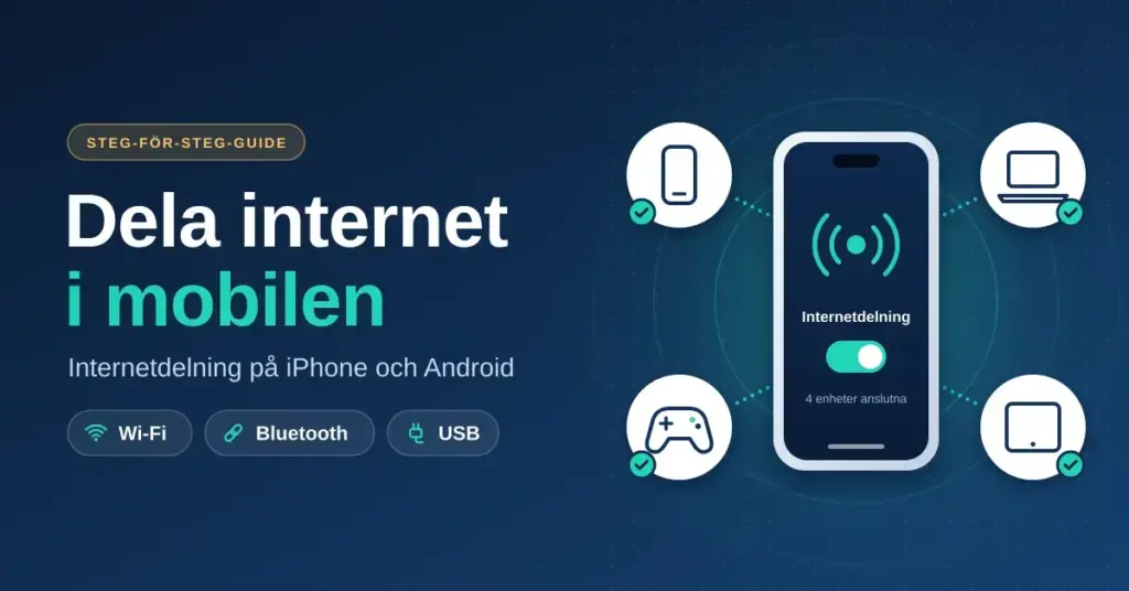 Illustration av en mobiltelefon med internetdelning påslagen som delar sin mobildata trådlöst till en annan telefon, en laptop, en surfplatta och en spelkontroll, bredvid rubriken ”Dela internet i mobilen”.