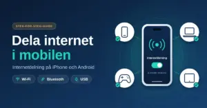 Illustration av en mobiltelefon med internetdelning påslagen som delar sin mobildata trådlöst till en annan telefon, en laptop, en surfplatta och en spelkontroll, bredvid rubriken ”Dela internet i mobilen”.