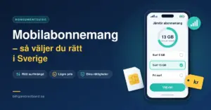 Illustration av en mobiltelefon som jämför mobilabonnemang med olika surfmängder bredvid ett SIM-kort och en prislapp, med rubriken "Mobilabonnemang – så väljer du rätt i Sverige".