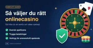 Illustration med rubriken ”Så väljer du rätt onlinecasino” bredvid ett roulettehjul, en grön sköld med bock, spelkort och spelmarker samt en checklista om svensk spellicens, trygga betalningar och verktyg för ansvarsfullt spelande.
