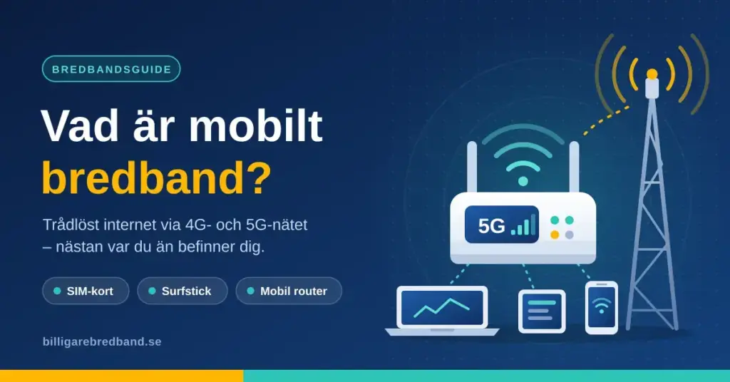 Illustration av en 5G-router som tar emot signal från en mobilmast och delar trådlöst internet till en bärbar dator, en surfplatta och en mobiltelefon, med rubriken ”Vad är mobilt bredband?”.