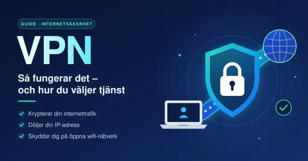 Illustration av en sköld med ett hänglås och en krypterad VPN-tunnel mellan en bärbar dator och en jordglob, bredvid texten ”VPN – Så fungerar det och hur du väljer tjänst”.